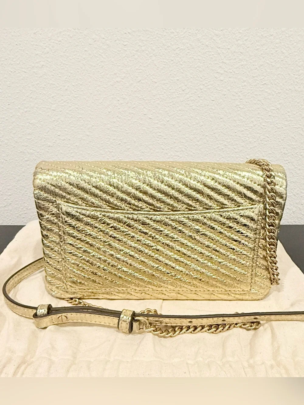 ✨ Tory Burch Kira Metallic Moto Gold Quilted Chain Clutch Wallet Crossbody Bag